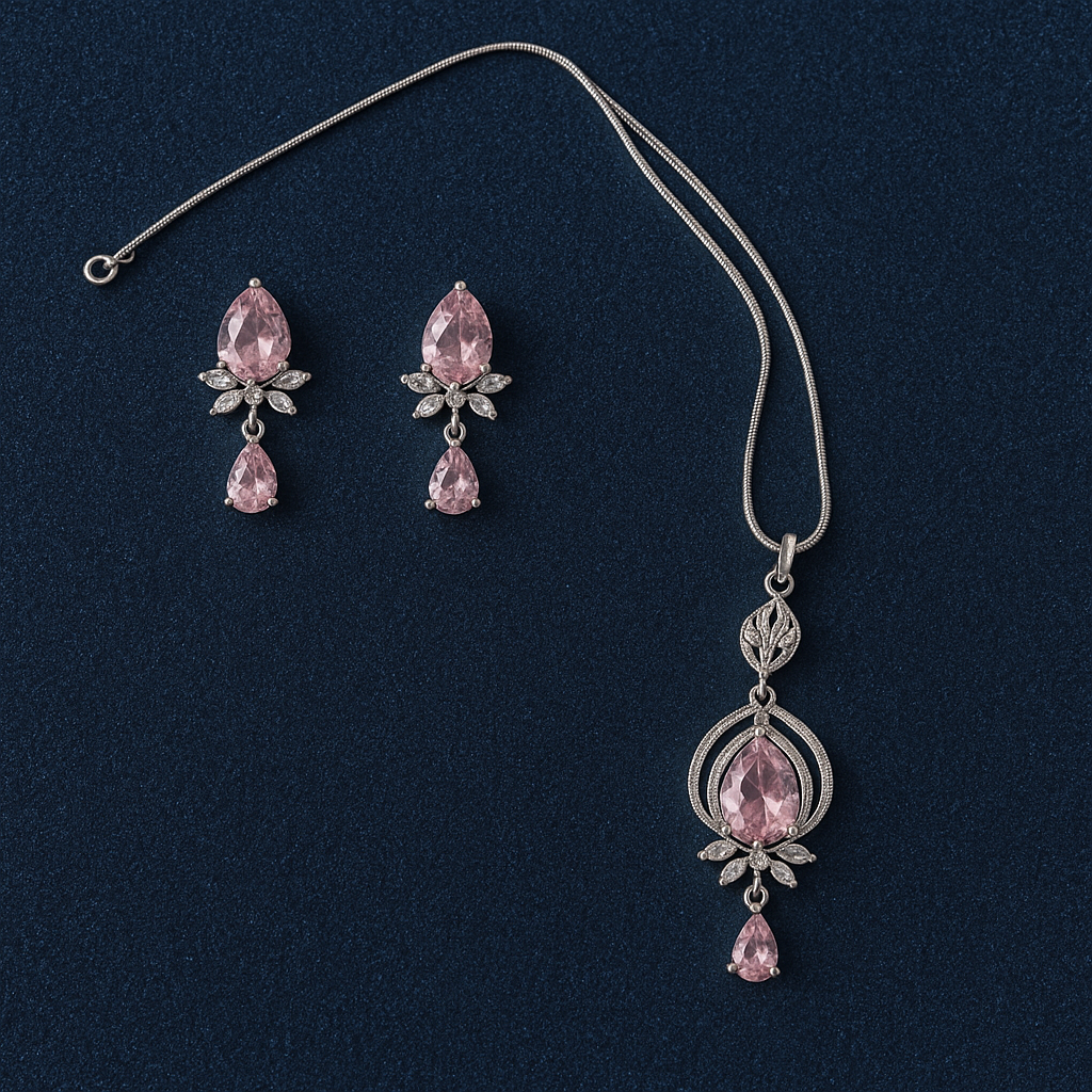 Rose Pink Crystal Jewelry Set for Women | Silver Plated Necklace Earring Set | Teardrop Pendant with Leaf Design