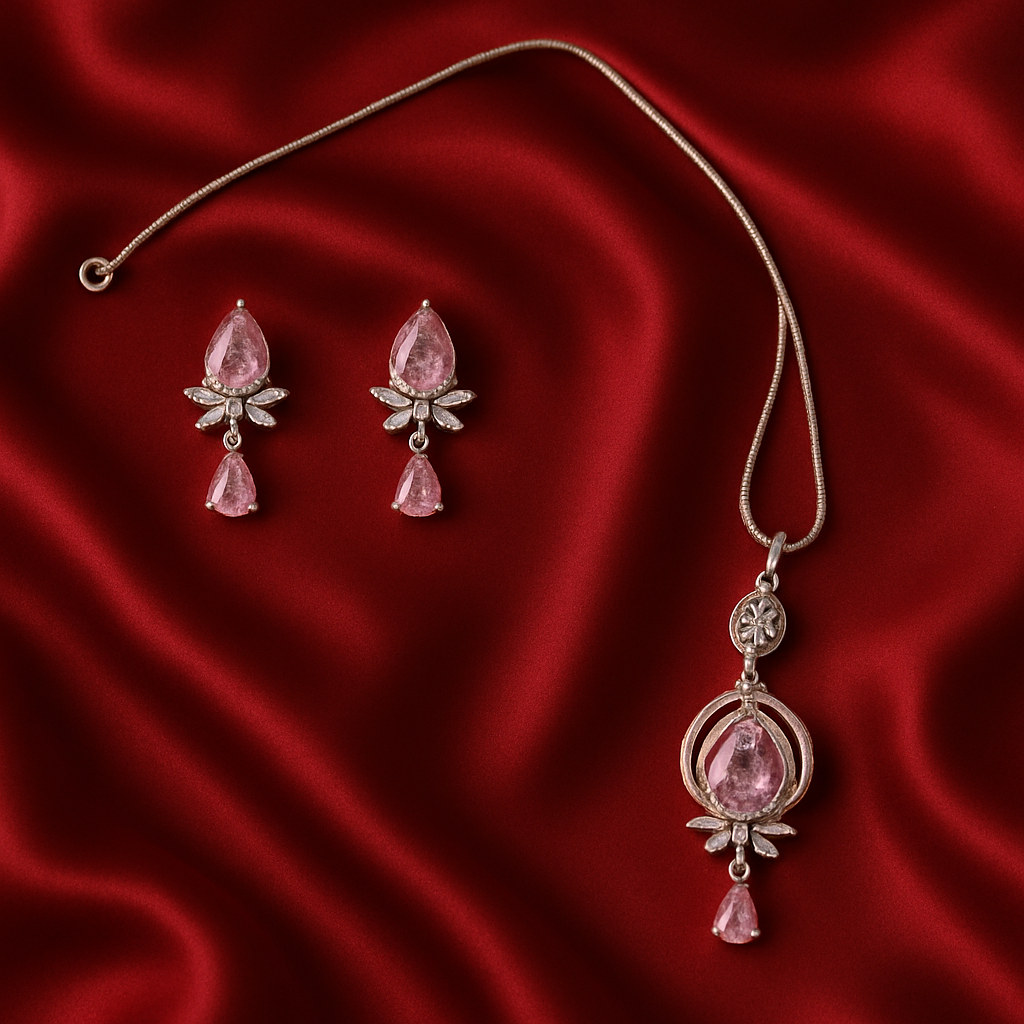 Rose Pink Crystal Jewelry Set for Women | Silver Plated Necklace Earring Set | Teardrop Pendant with Leaf Design