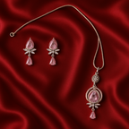 Rose Pink Crystal Jewelry Set for Women | Silver Plated Necklace Earring Set | Teardrop Pendant with Leaf Design
