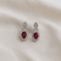 Red Stone Drop Earrings for Women | American Diamond Halo Earrings | Silver Plated Bridal Jewelry