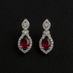 Red Stone Drop Earrings for Women | American Diamond Halo Earrings | Silver Plated Bridal Jewelry