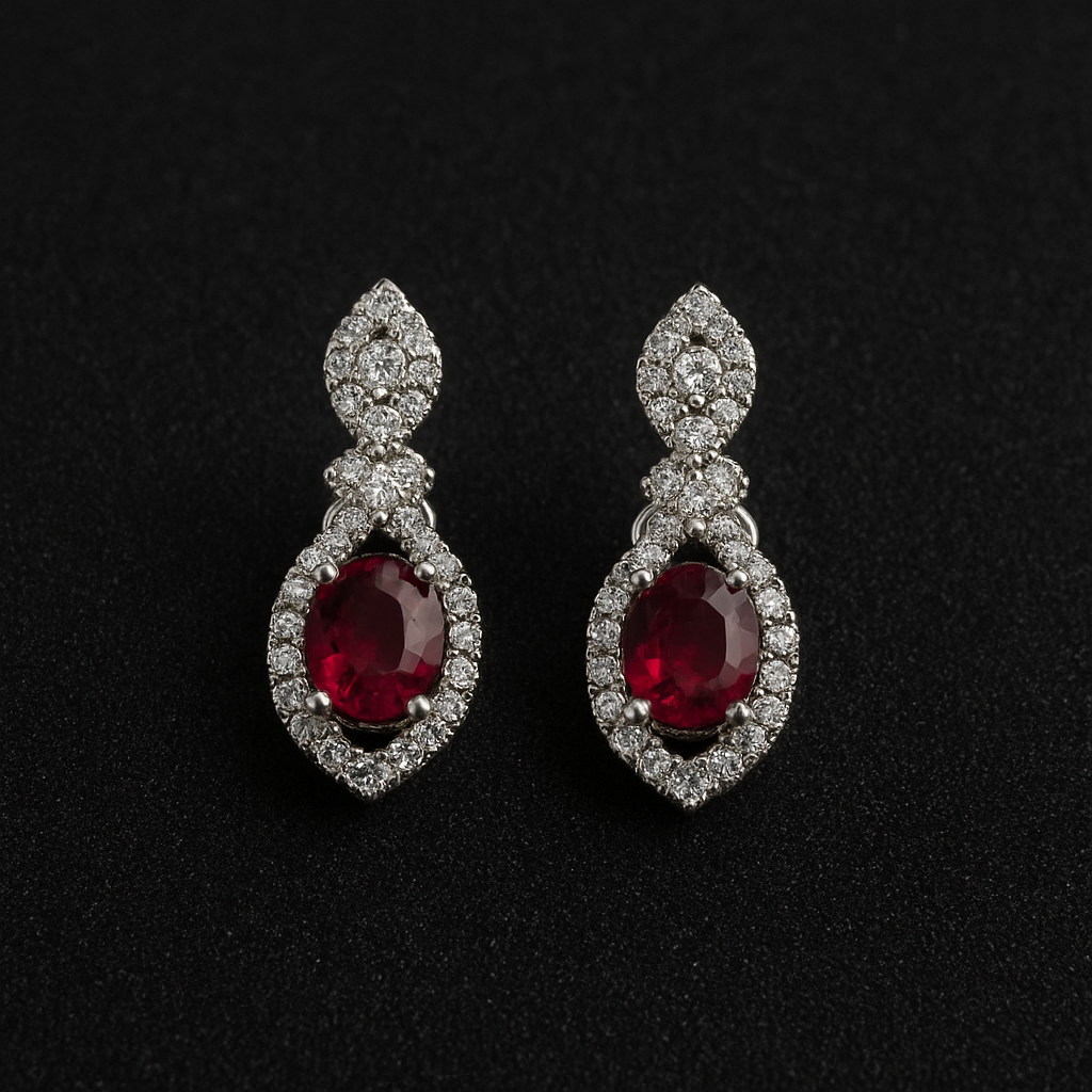 Red Stone Drop Earrings for Women | American Diamond Halo Earrings | Silver Plated Bridal Jewelry