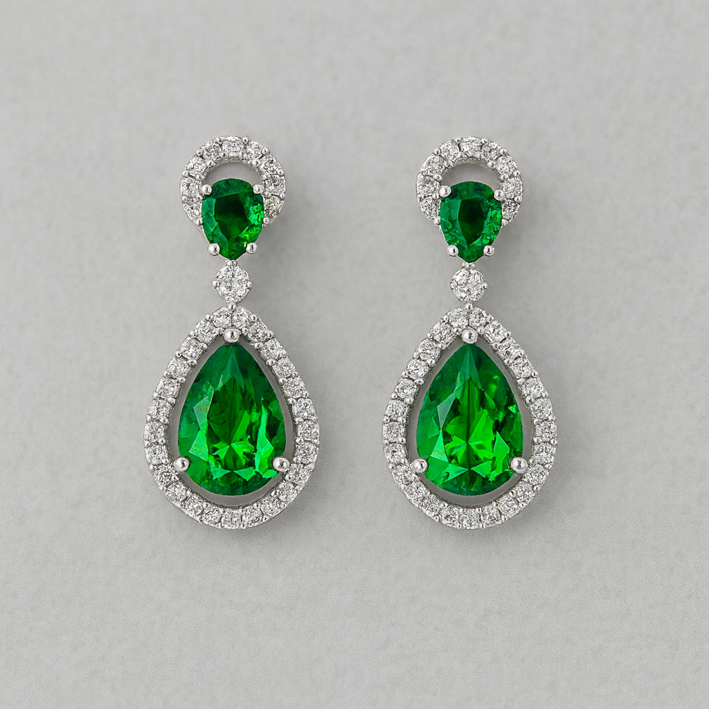 Green Stone Drop Earrings for Women | American Diamond Halo Earrings | Silver Plated Formal Jewelry