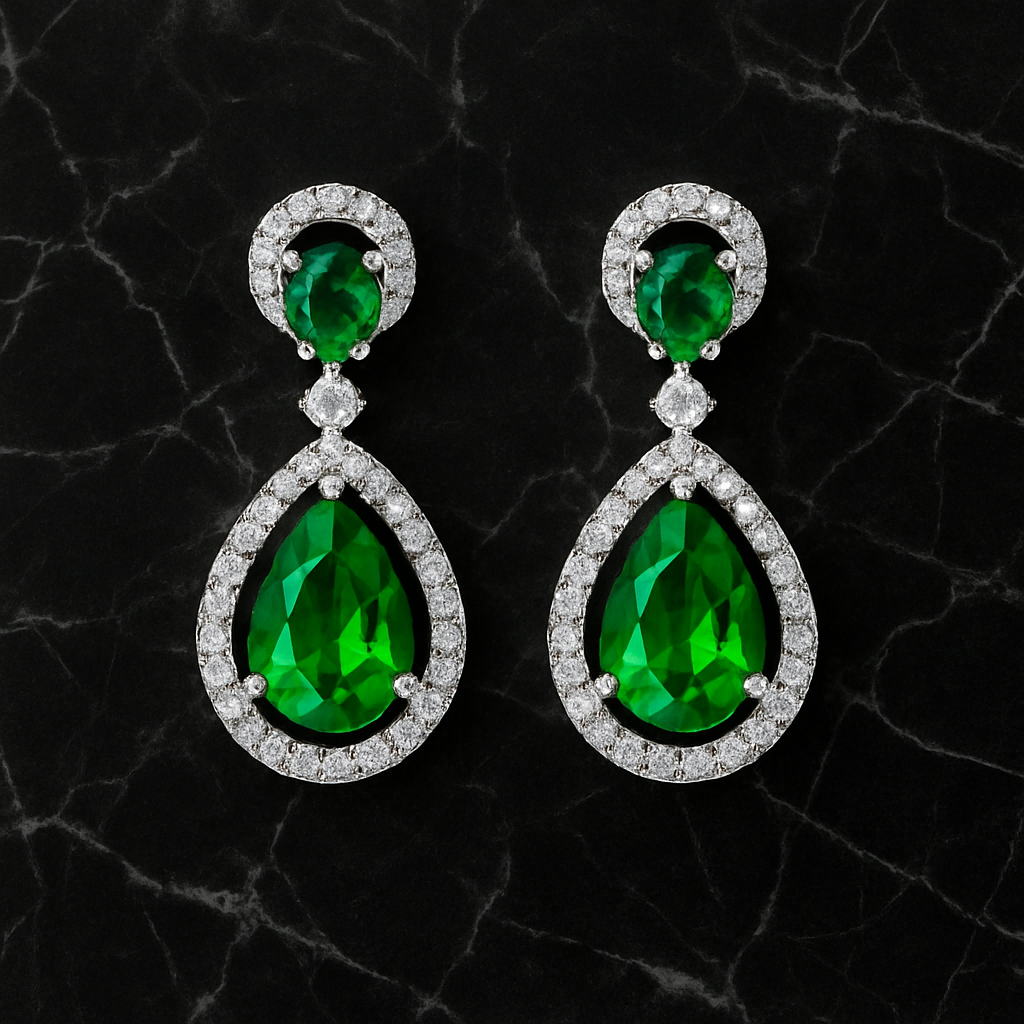 Green Stone Drop Earrings for Women | American Diamond Halo Earrings | Silver Plated Formal Jewelry