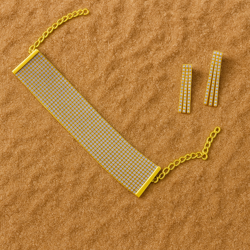 American Diamond Bracelet Set for Women | Gold Plated Mesh Choker with Tassel Earrings | Statement Jewelry Set