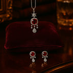 Red Stone Pendant Set for Women | American Diamond Necklace Earring Set | Silver Plated Party Jewellery