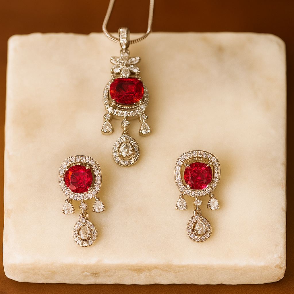 Red Stone Pendant Set for Women | American Diamond Necklace Earring Set | Silver Plated Party Jewellery