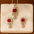 Red Stone Pendant Set for Women | American Diamond Necklace Earring Set | Silver Plated Party Jewellery