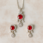 Red Stone Pendant Set for Women | American Diamond Necklace Earring Set | Silver Plated Party Jewellery